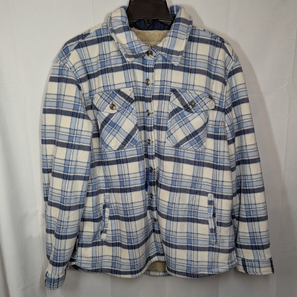 Sage Women’s Plaid Shirt Jacket, Plush Lined, Button Front, Size L, Blue NWT - Picture 2 of 5